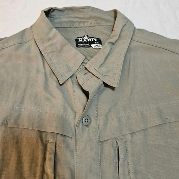 HABIT Men's Army Green Venter Mesh Short Sleeve L Shirt Zip Pockets Point Collar - Picture 1 of 11